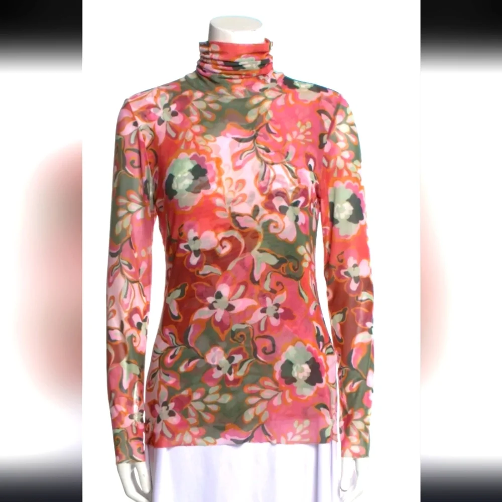 Misa Los Angeles Nadja Pink Floral Mesh Fitted Turtleneck Long Sleeve Blouse - Picture 4 of 12